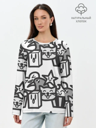 Лонгслив женский. Хлопок / Чёрно-белые дудлы