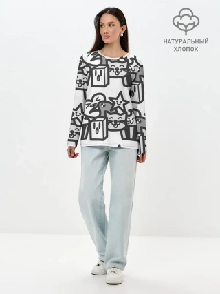 Лонгслив женский. Хлопок / Чёрно-белые дудлы