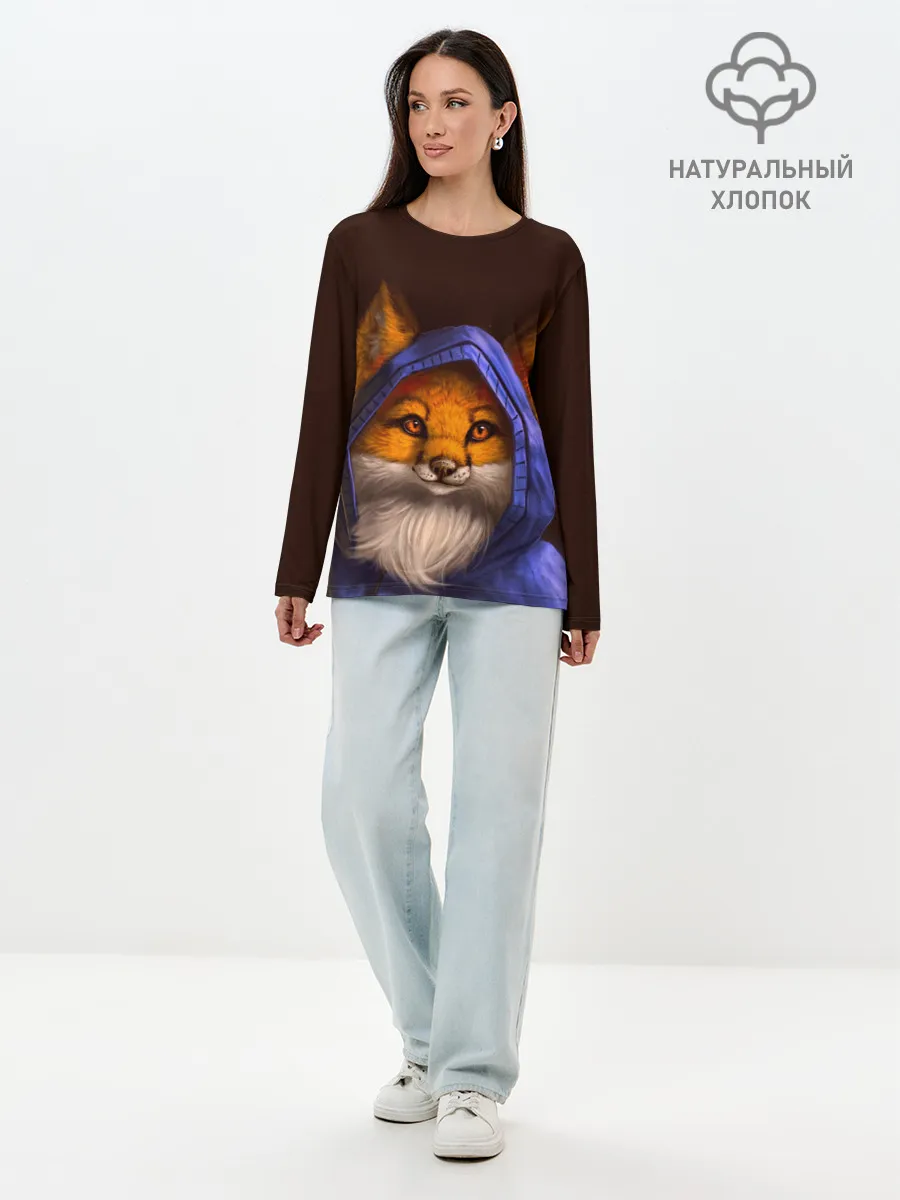 Лонгслив женский. Хлопок / Лисенок в капюшоне