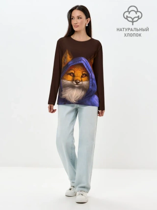 Лонгслив женский. Хлопок / Лисенок в капюшоне