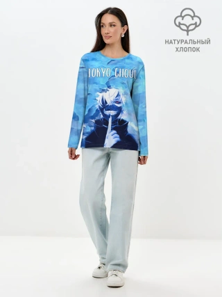 Лонгслив женский. Хлопок / Kaneki Ken на синем фоне