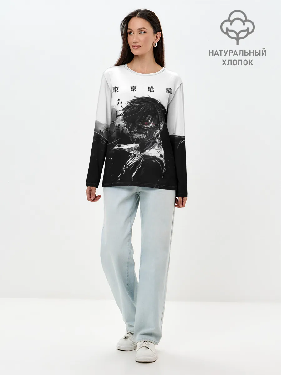 Лонгслив женский. Хлопок / Канеки Кен черно-белый