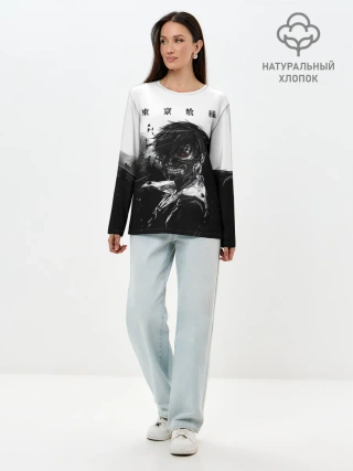 Лонгслив женский. Хлопок / Канеки Кен черно-белый
