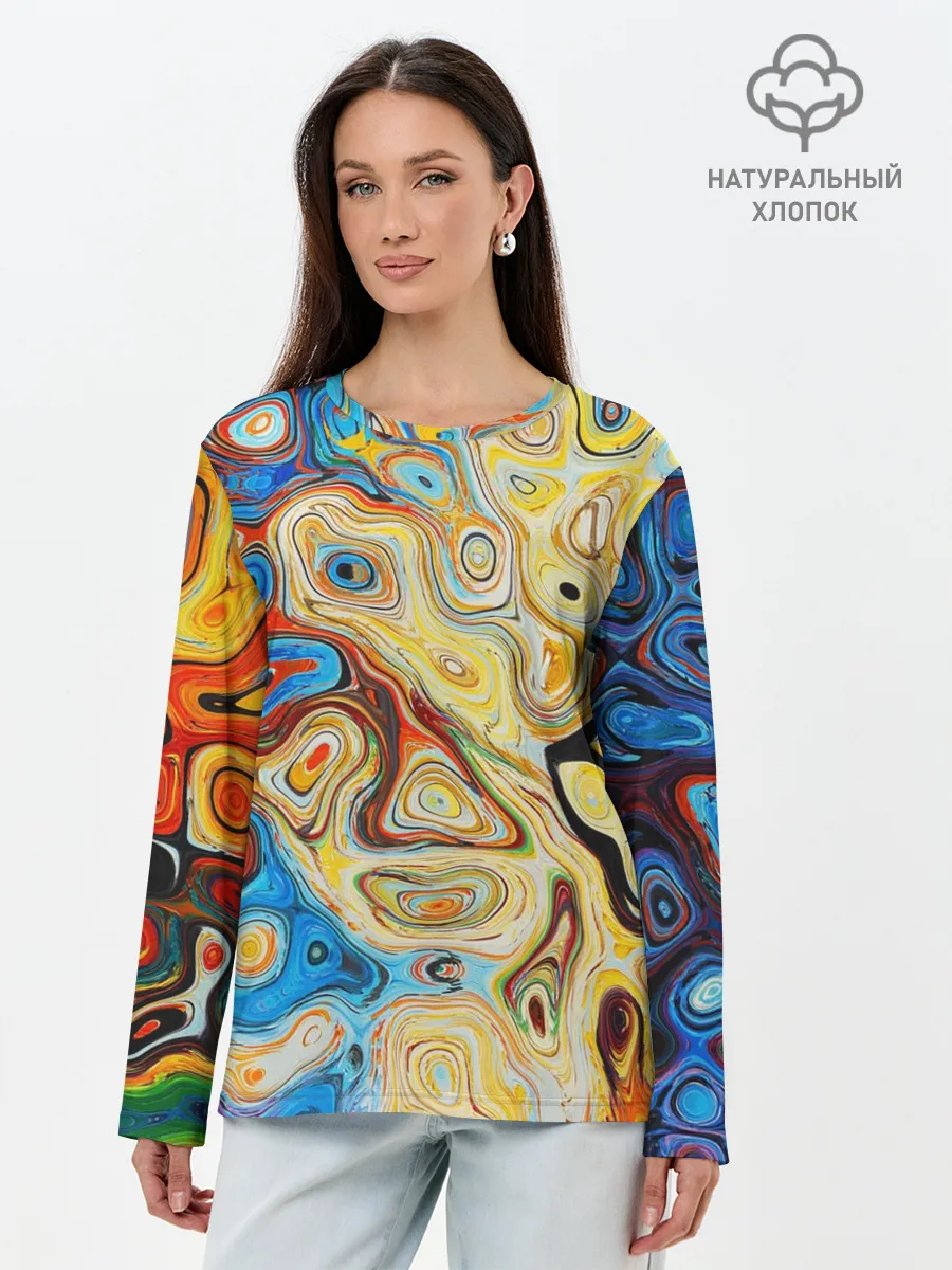 Лонгслив женский. Хлопок / Цветные абстрактные пятна