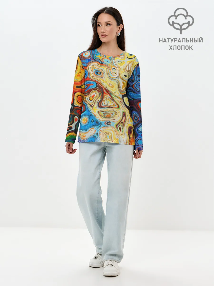 Лонгслив женский. Хлопок / Цветные абстрактные пятна