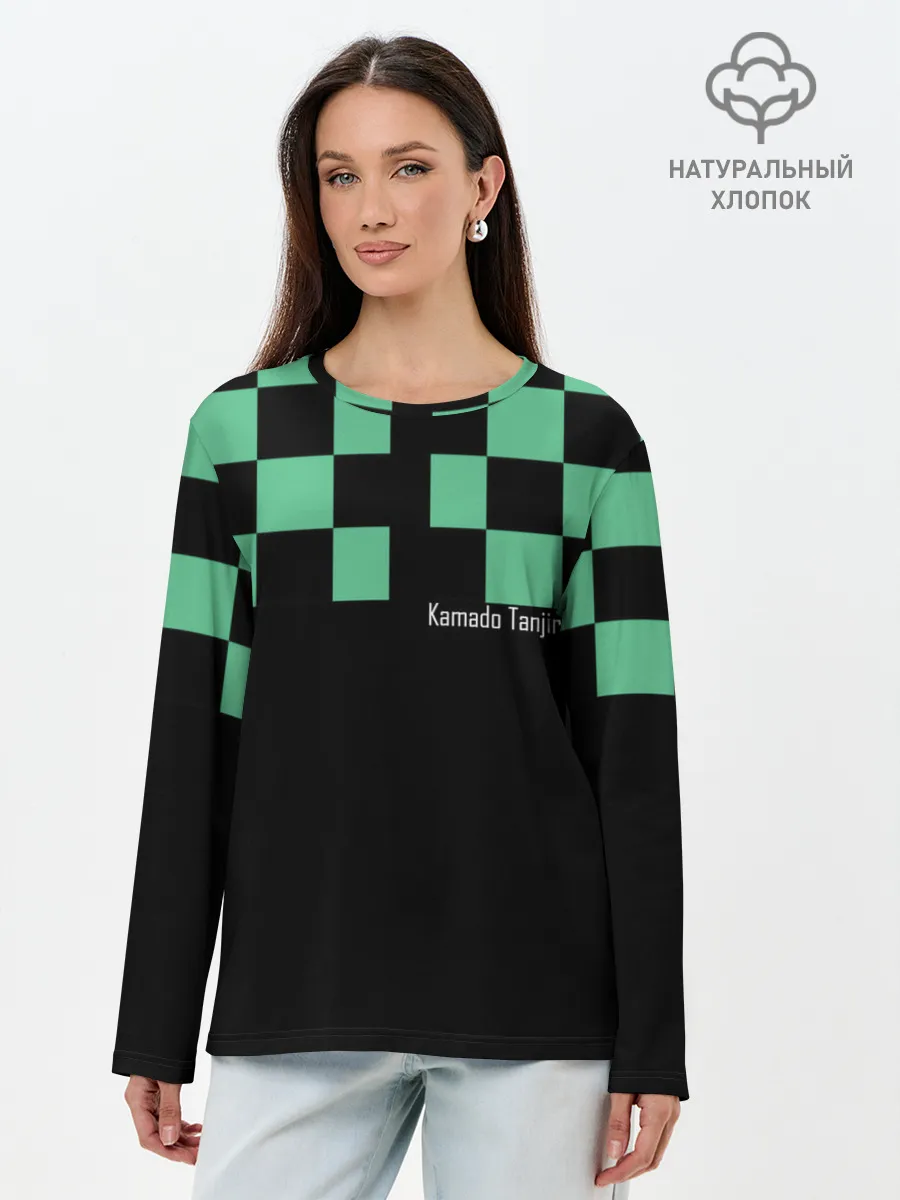 Лонгслив женский. Хлопок / Kamado Tanjiro зеленые квадраты