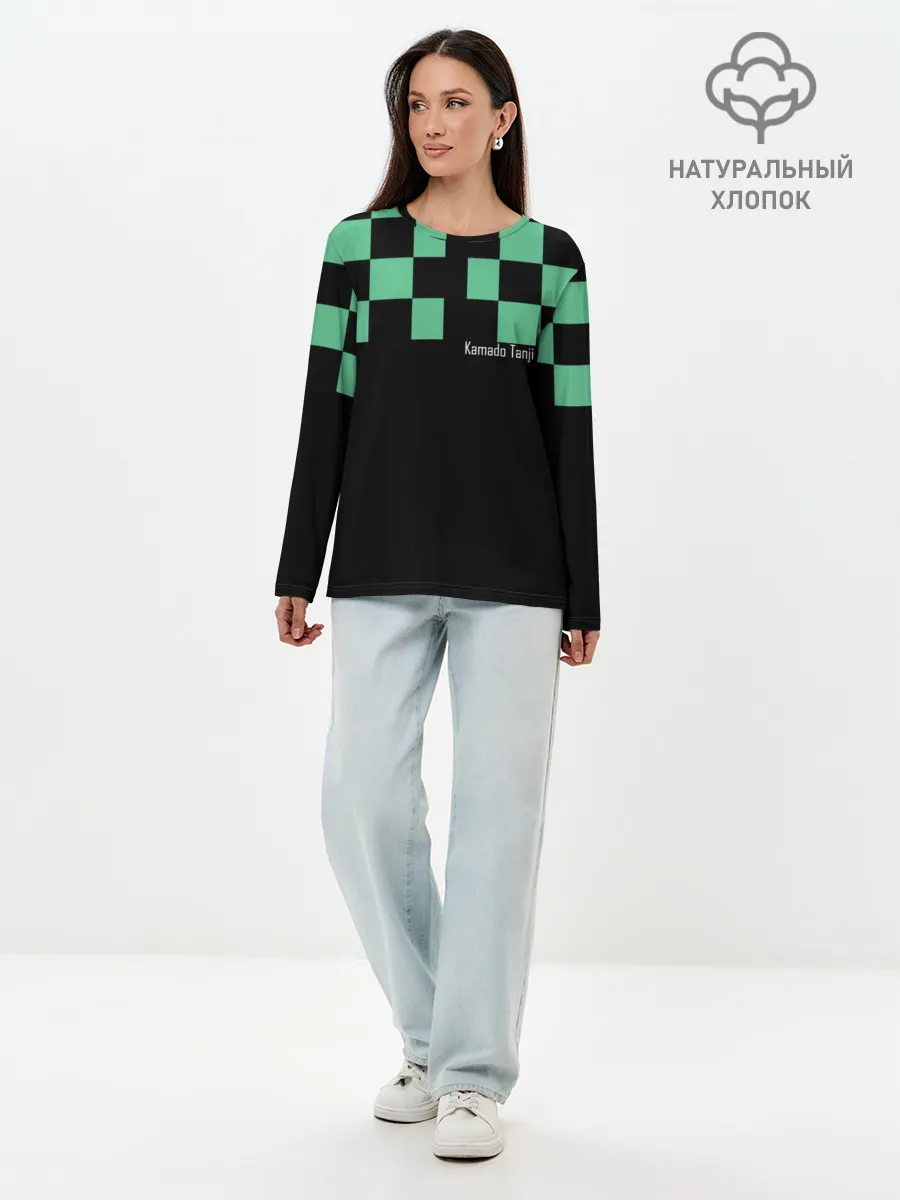 Лонгслив женский. Хлопок / Kamado Tanjiro зеленые квадраты