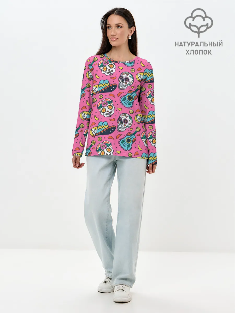 Лонгслив женский. Хлопок / День Мёртвых узор из черепов