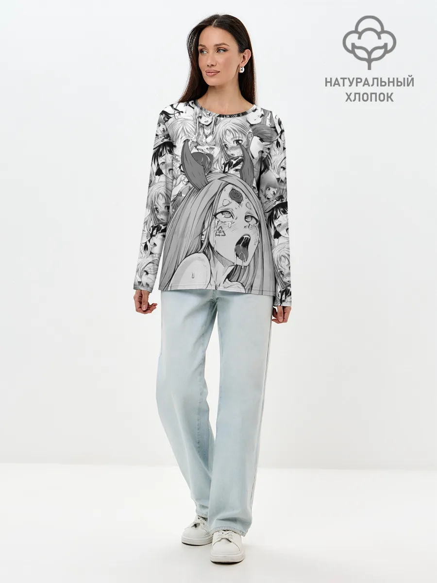 Лонгслив женский. Хлопок / KAGUYA AHEGAO чернобелое / КАГУЯ АХЕГАО