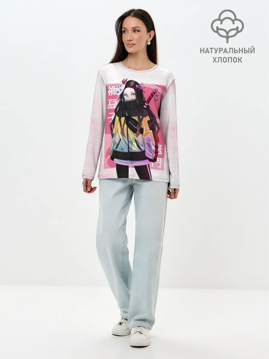 Лонгслив женский. Хлопок / Kimetsu no yaiba розовое