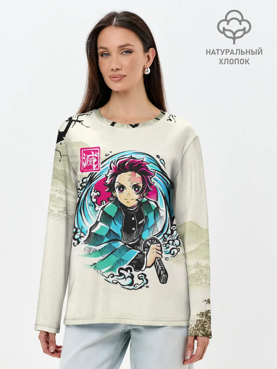 Лонгслив женский. Хлопок / Kamado Tanjiro зарисовка