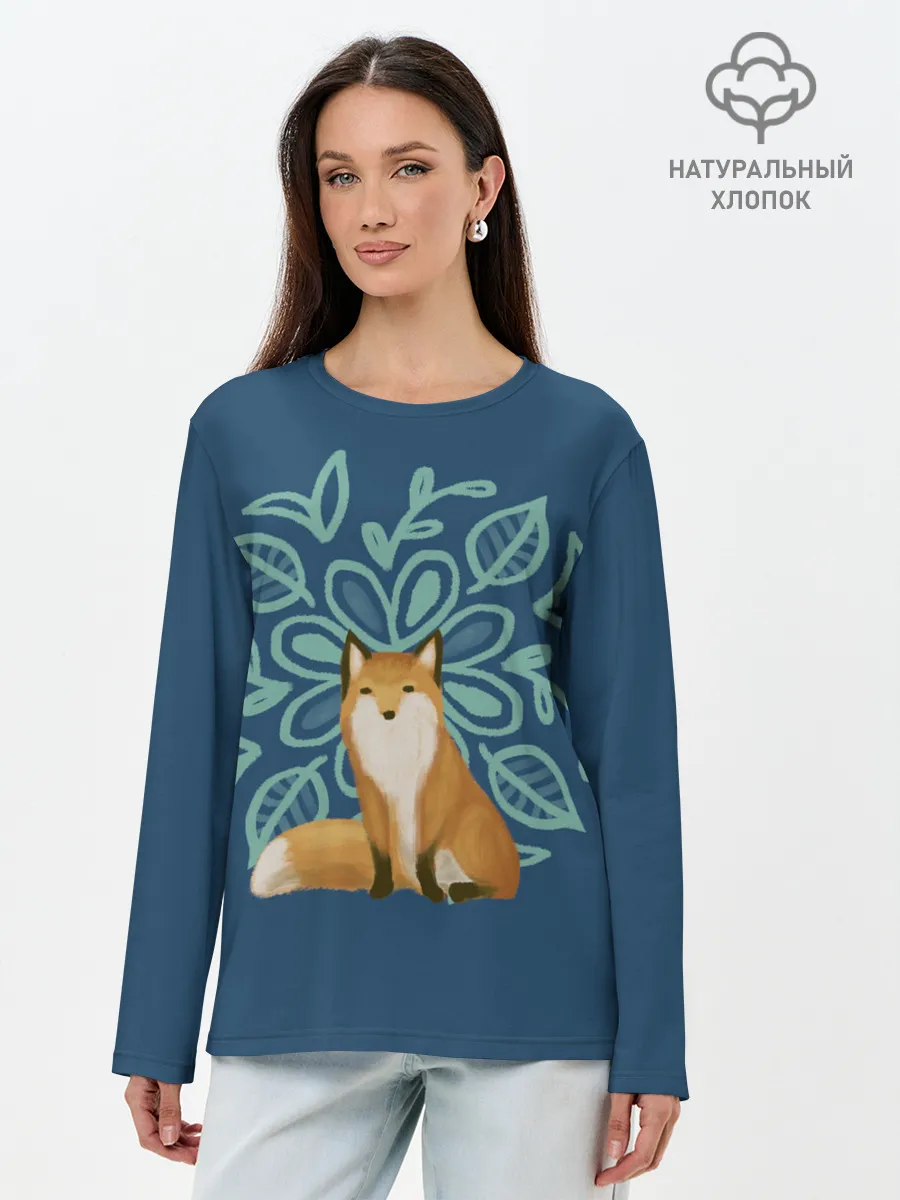 Лонгслив женский. Хлопок / Лиса с цветочным узором