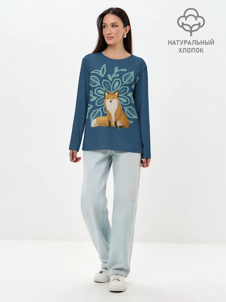 Лонгслив женский. Хлопок / Лиса с цветочным узором