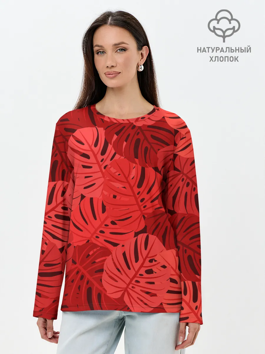 Лонгслив женский. Хлопок / Тропические листья Монстера