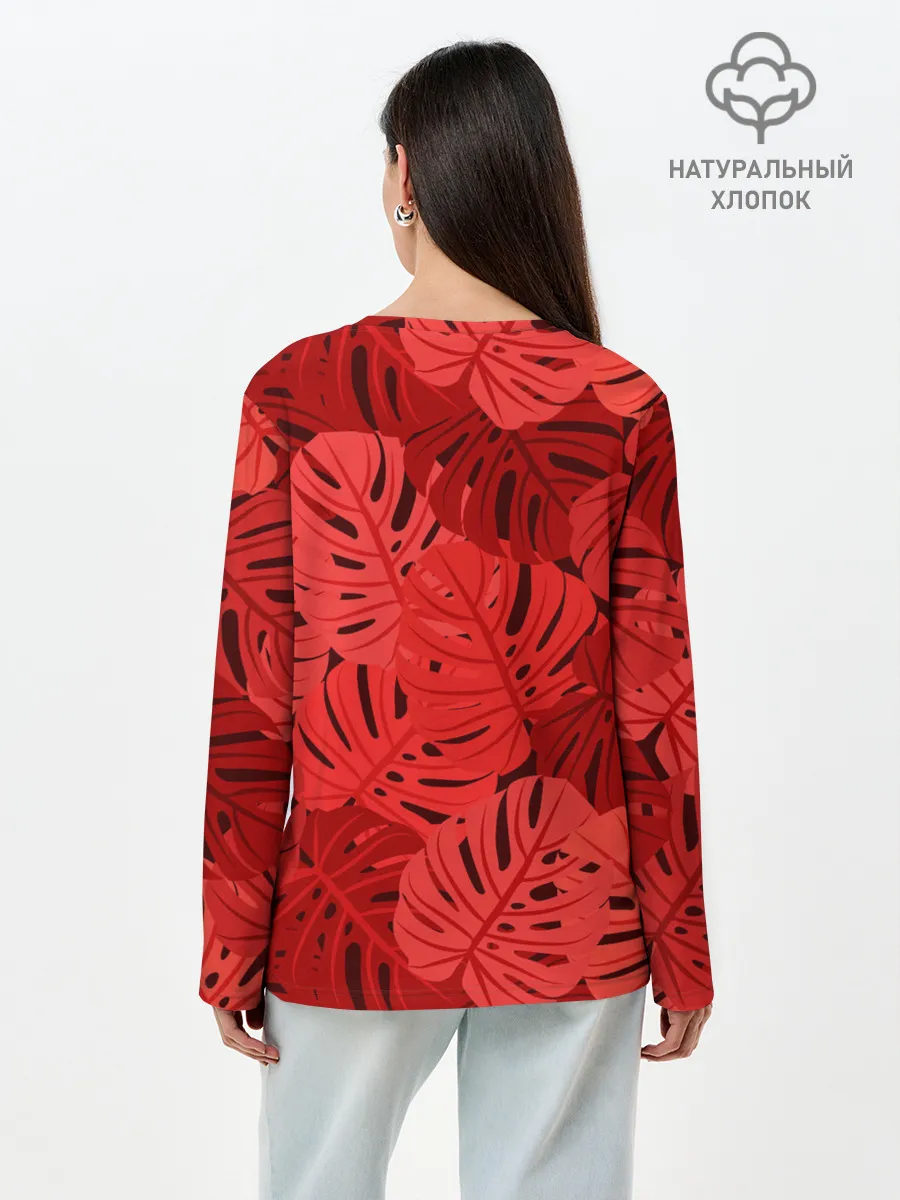 Лонгслив женский. Хлопок / Тропические листья Монстера