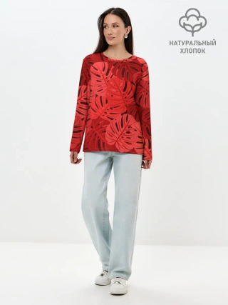 Лонгслив женский. Хлопок / Тропические листья Монстера