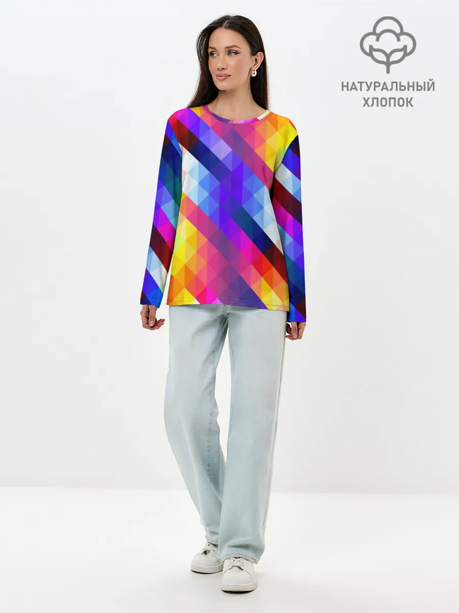 Лонгслив женский. Хлопок / Пиксельная радуга