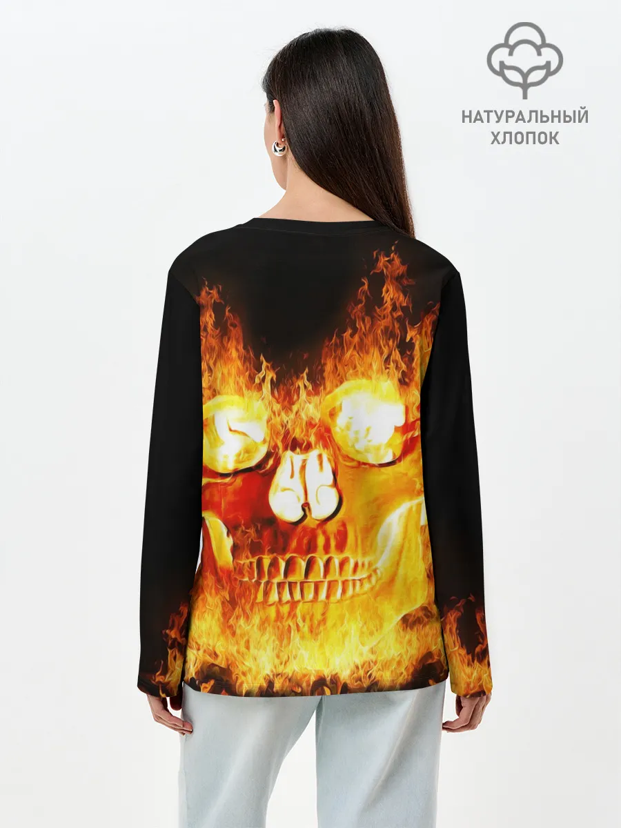 Лонгслив женский. Хлопок / Огненный череп