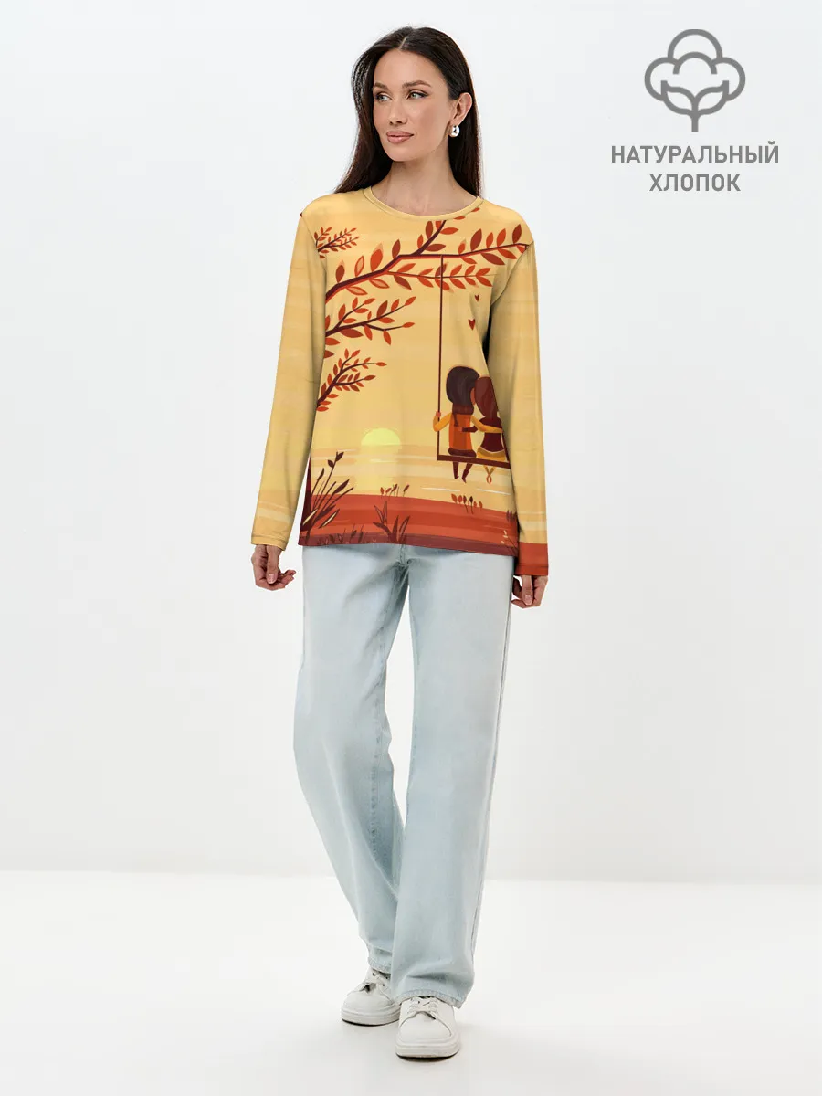 Лонгслив женский. Хлопок / Романтика. Пара на качелях