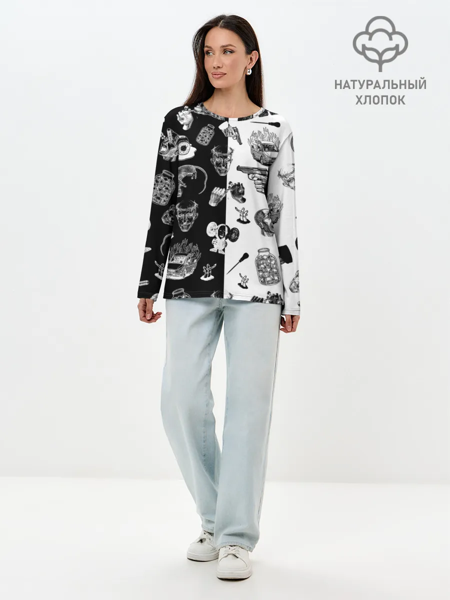 Лонгслив женский. Хлопок / КРОВОСТОК ТАТУИРОВКИ ЧБ