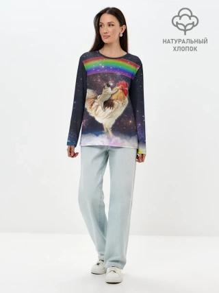 Лонгслив женский. Хлопок / Мопс на курице в космосе