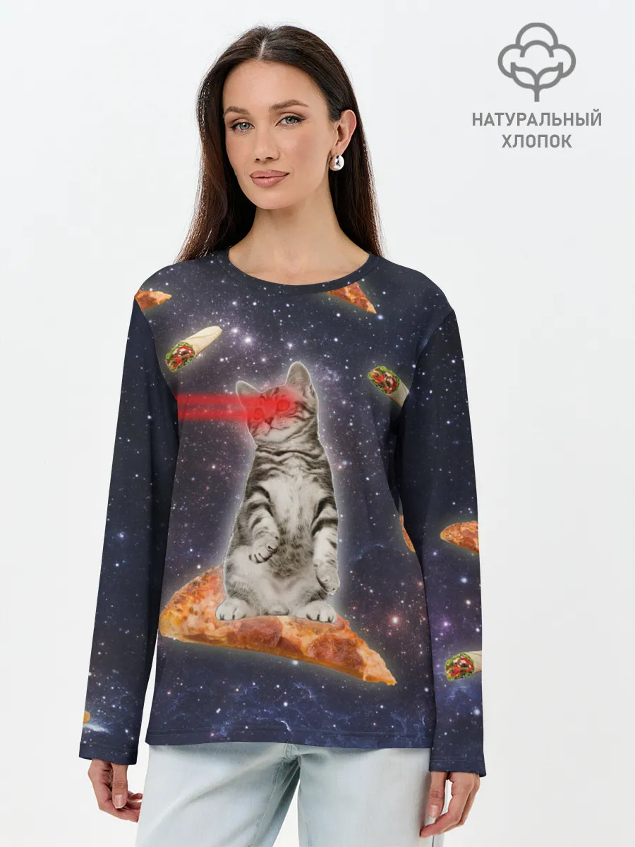 Лонгслив женский. Хлопок / Котик в космосе