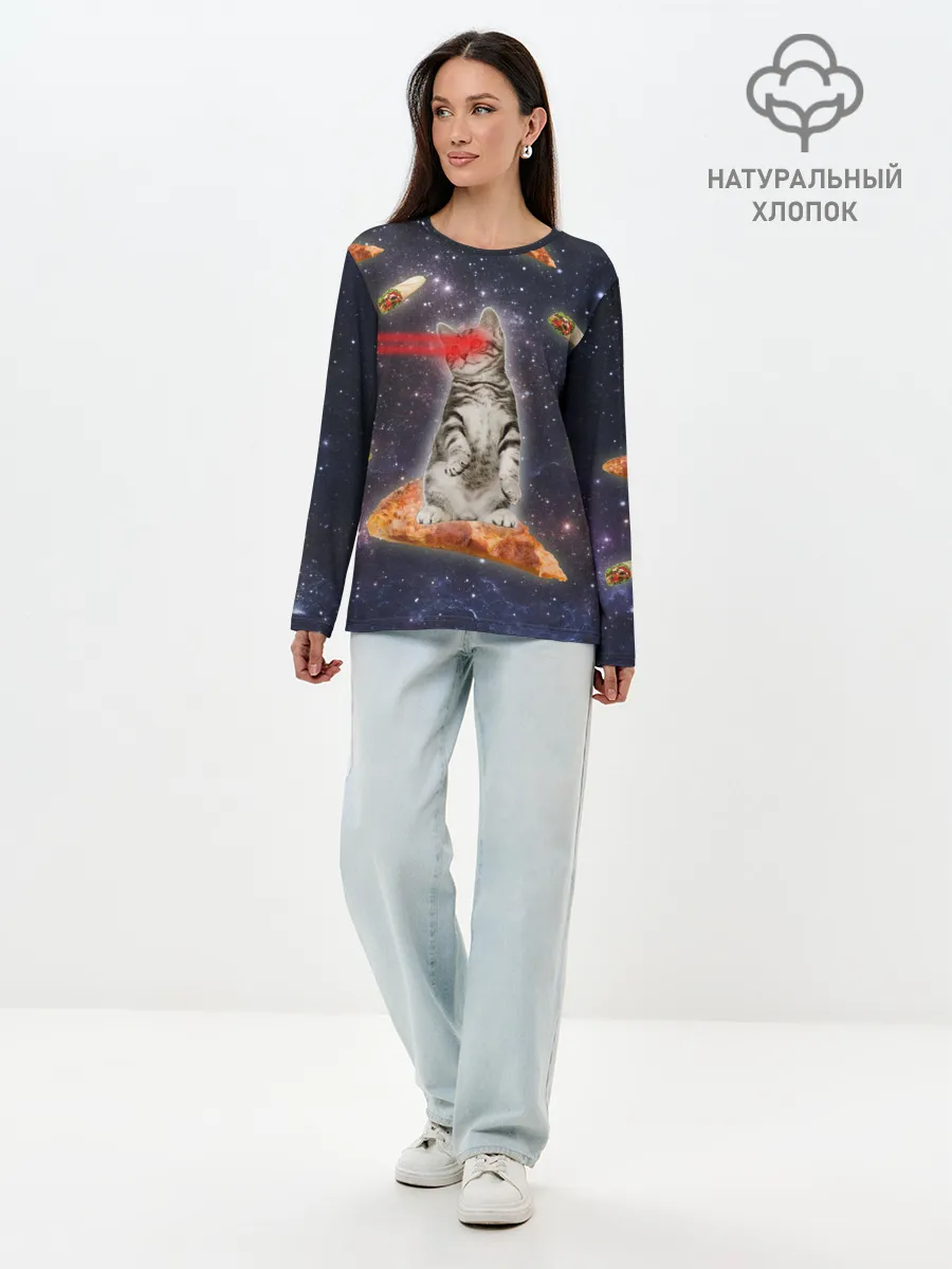 Лонгслив женский. Хлопок / Котик в космосе