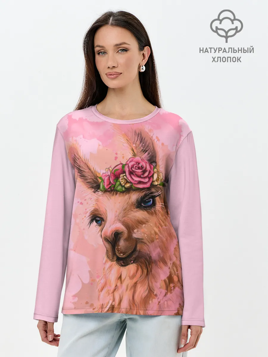 Лонгслив женский. Хлопок / лама с цветами