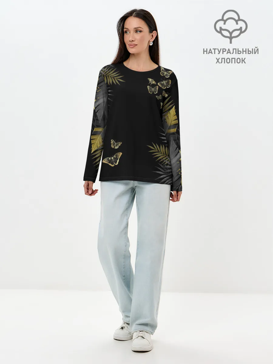 Лонгслив женский. Хлопок / ЗОЛОТЫЕ БАБОЧКИ И ПАПОРОТНИК