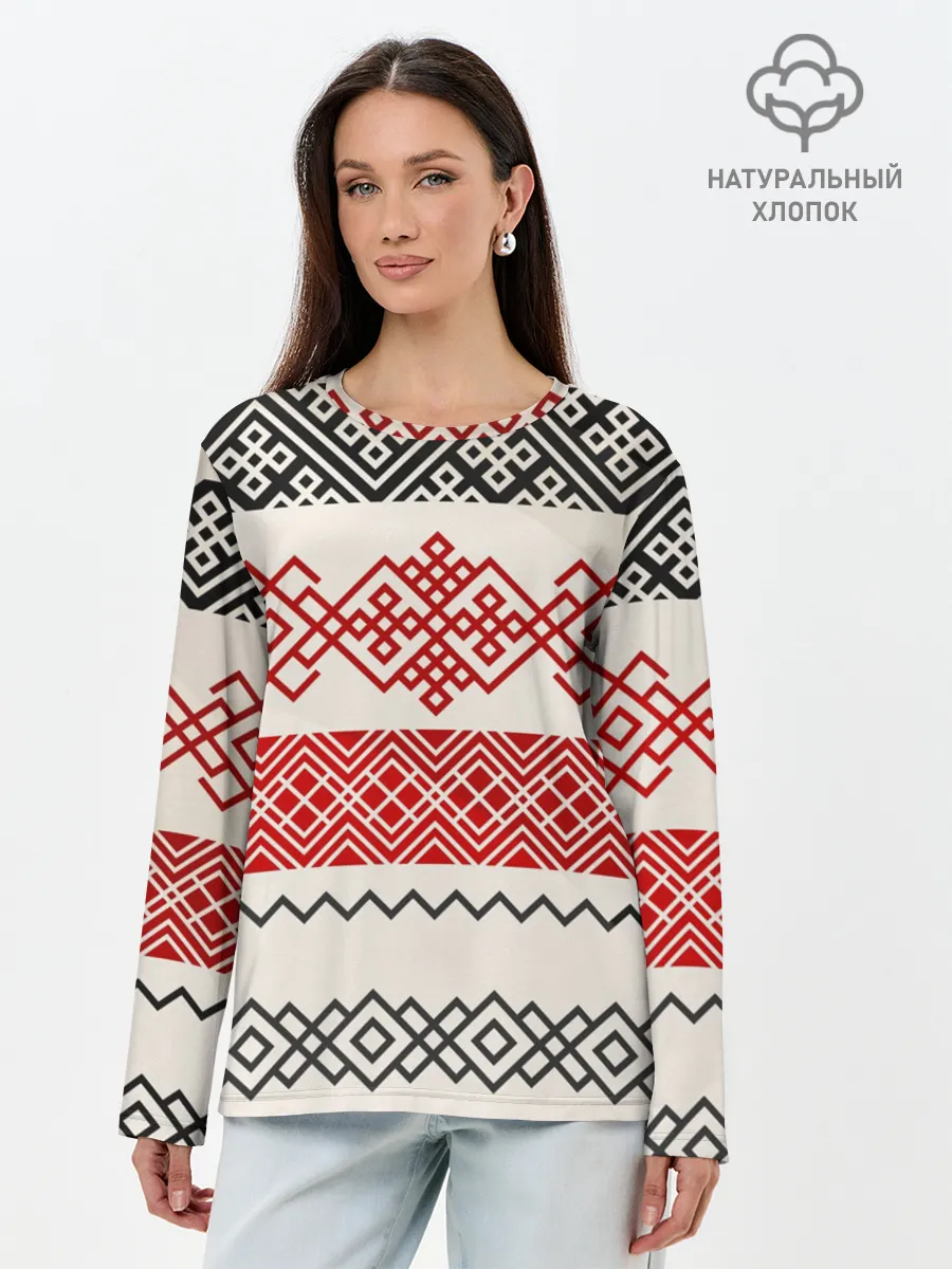 Лонгслив женский. Хлопок / Славянский узор красно-черный