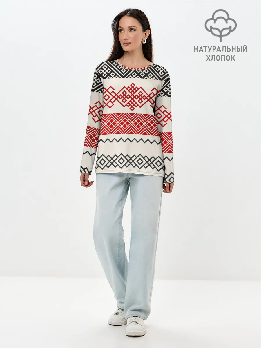 Лонгслив женский. Хлопок / Славянский узор красно-черный