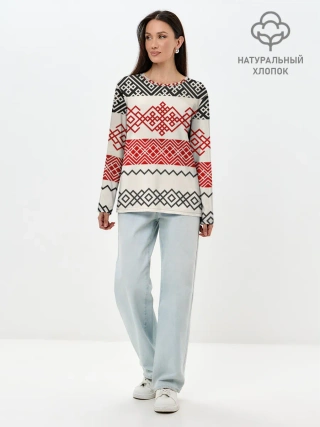 Лонгслив женский. Хлопок / Славянский узор красно-черный