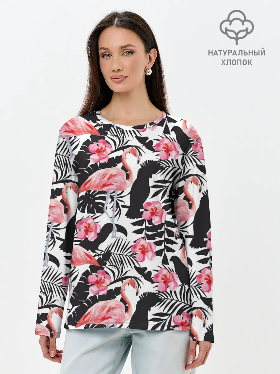 Лонгслив женский. Хлопок / фламинго и попугаи