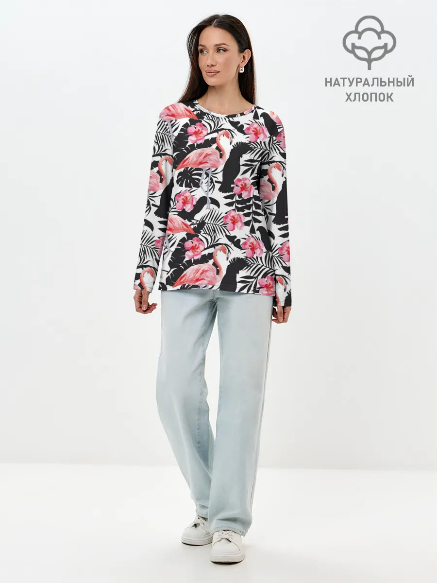 Лонгслив женский. Хлопок / фламинго и попугаи
