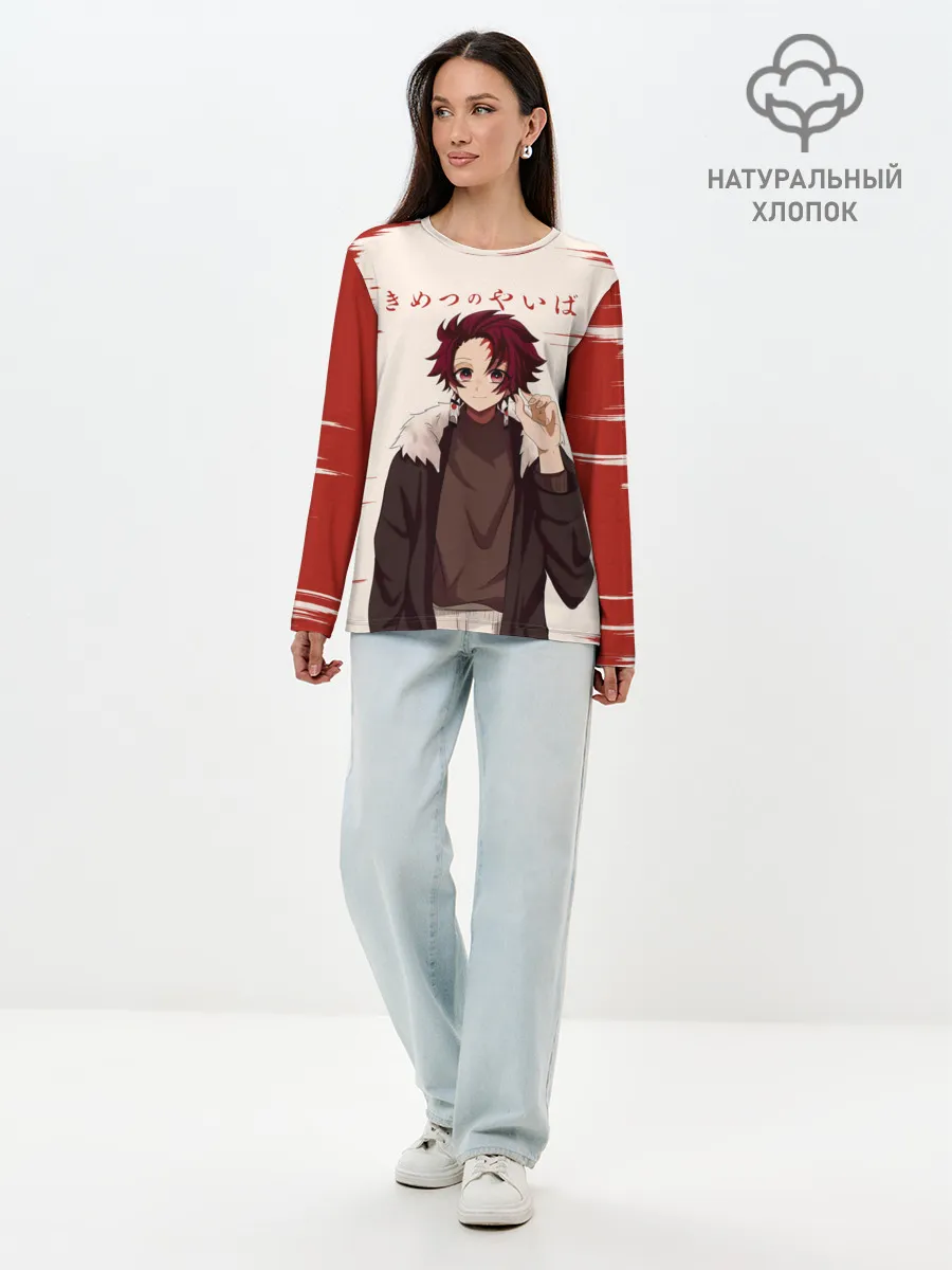 Лонгслив женский. Хлопок / Танджиро Камадо Kimetsu no Yaiba