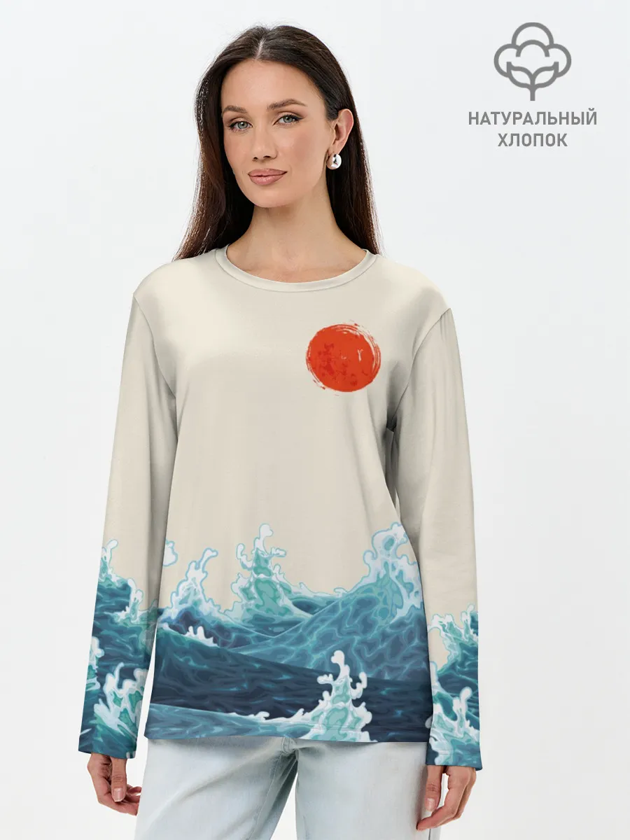Лонгслив женский. Хлопок / Японский Стиль Волны и Солнце