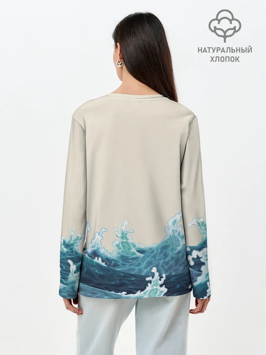 Лонгслив женский. Хлопок / Японский Стиль Волны и Солнце