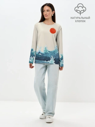 Лонгслив женский. Хлопок / Японский Стиль Волны и Солнце