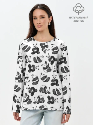 Лонгслив женский. Хлопок / Акварельные панды паттерн