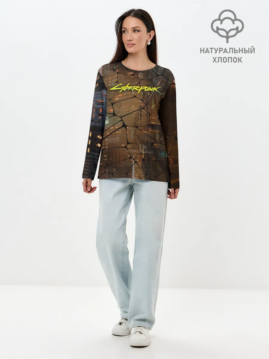 Лонгслив женский. Хлопок / Киберпанк - Город в паутинке