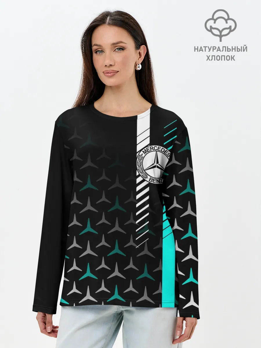 Лонгслив женский. Хлопок / МЕРСЕДЕС / AQUA BLACK GRADIENT
