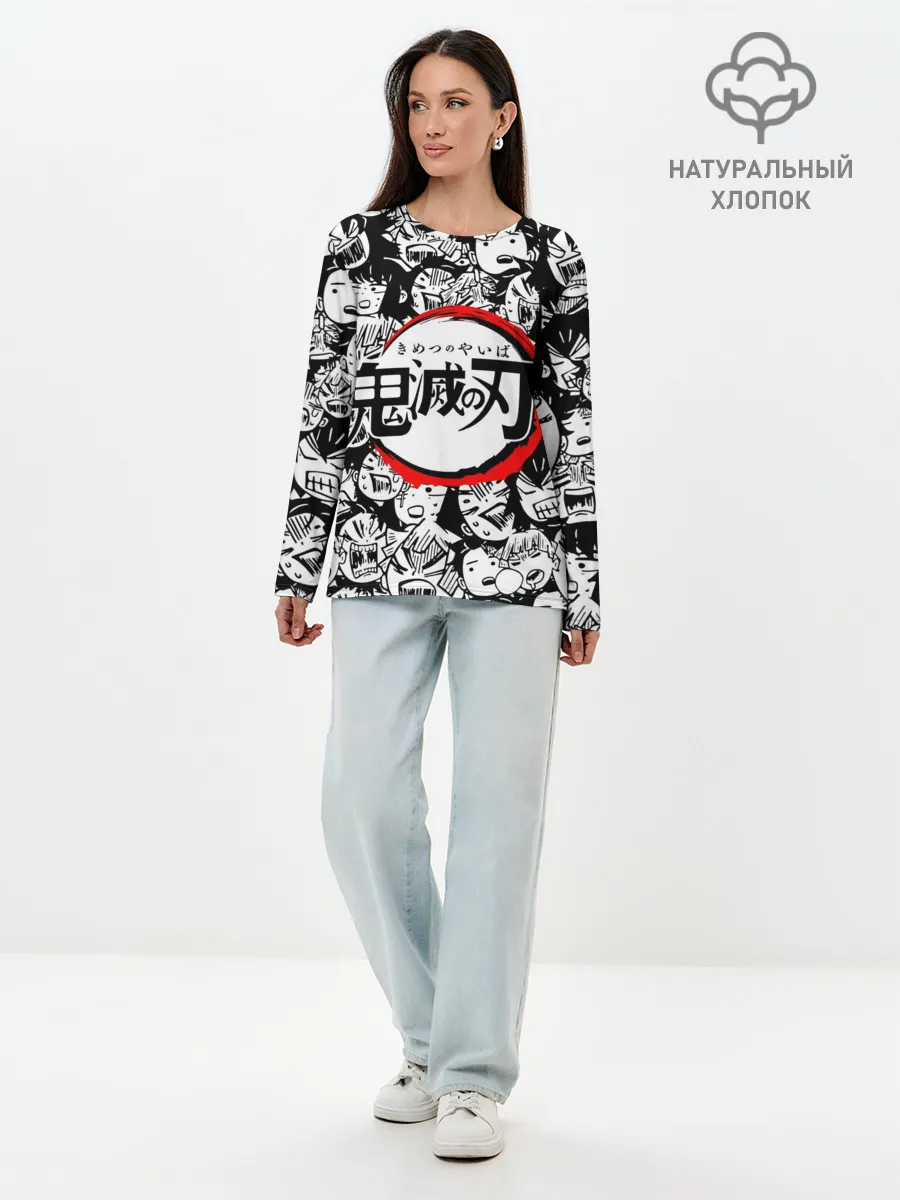 Лонгслив женский. Хлопок / DEMON SLAYER / ЛИЦА / УЗОР