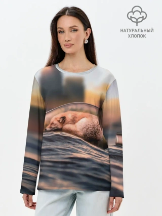 Лонгслив женский. Хлопок / Лисенок в бутылке