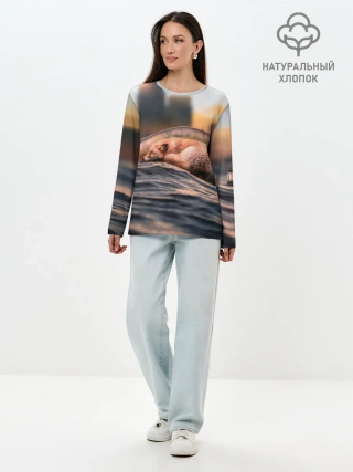 Лонгслив женский. Хлопок / Лисенок в бутылке