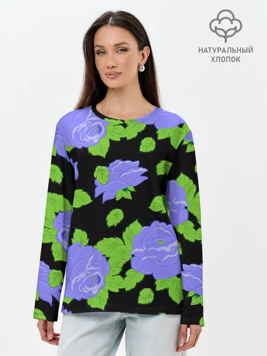Лонгслив женский. Хлопок / Синие розы