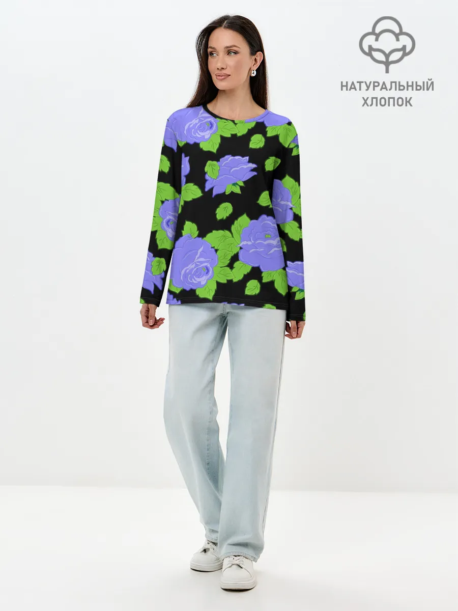 Лонгслив женский. Хлопок / Синие розы