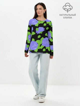 Лонгслив женский. Хлопок / Синие розы