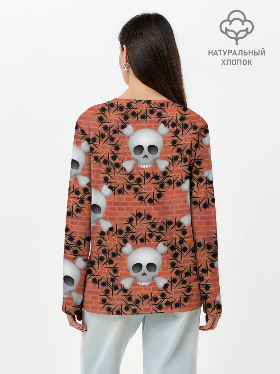 Лонгслив женский. Хлопок / Кирпичные черепа