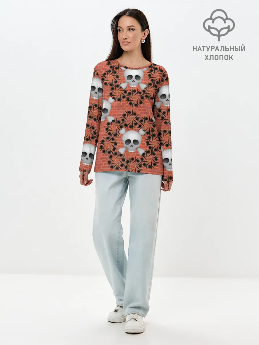 Лонгслив женский. Хлопок / Кирпичные черепа