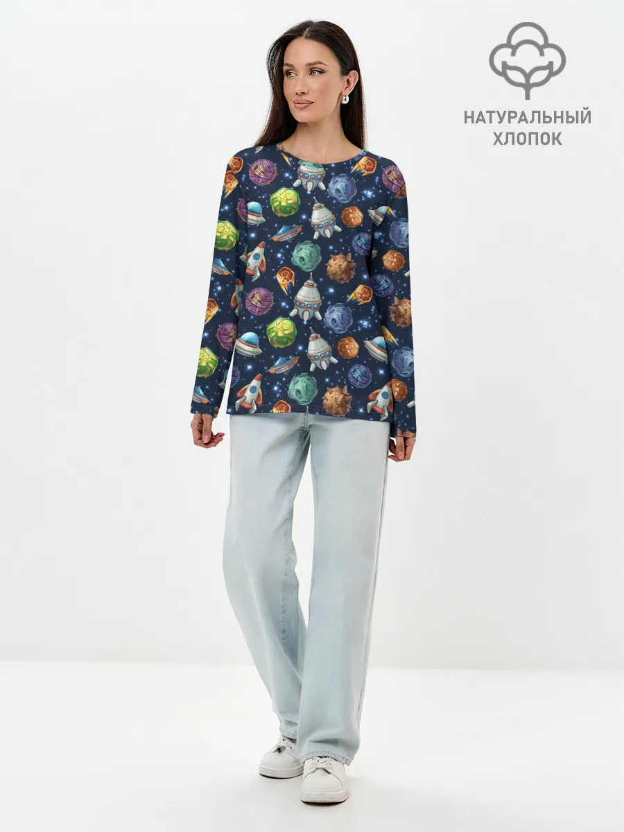 Лонгслив женский. Хлопок / Мультяшные планеты
